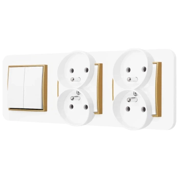 Włącznik podwójny i dwa gniazda podwójne z ramką zaokrągloną seria MINI kolor biały złoty