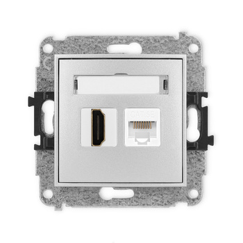 Mechanizm gniazda pojedynczego HDMI 2.0, 4K + gniazda komp. poj. 1xRJ45, kat. 5e, 8-stykowy Karlik seria ICON 7IGHK-45e kolor srebrny metalik