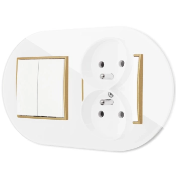 Włącznik pojedynczy z gniazdem podwójnym z ramką okrągłą efekt szkła seria ICON kolor biały/złoty