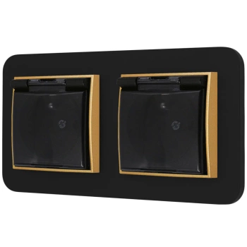 Dwa gniazda hermetyczne do łazienki z ramką zaokrągloną seria MINI kolor czarny złoty