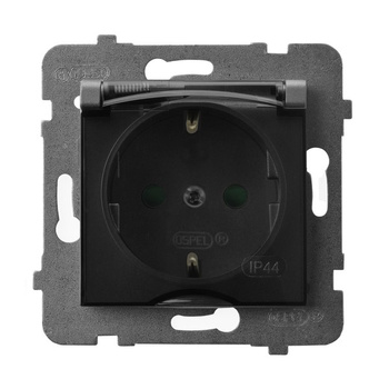 Gniazdo bryzgoszczelne z uziemieniem schuko IP-44 z przesłonami torów prądowych wieczko przezroczyste seria ARIA kolor Szary mat symbol GPH-1USP/m/70/d