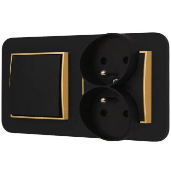 Włącznik pojedynczy z gniazdem podwójnym z ramką zaokrągloną seria MINI kolor czarny złoty