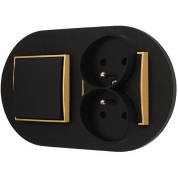 Włącznik pojedynczy z gniazdem podwójnym z ramką okrągłą seria MINI kolor czarny złoty