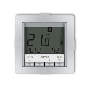 Mechanizm uniwersalnego elektronicznego tygodniowego regulatora temperatury podświetlenie białe Karlik seria DECO 7DRT-3.1 kolor srebrny metalik