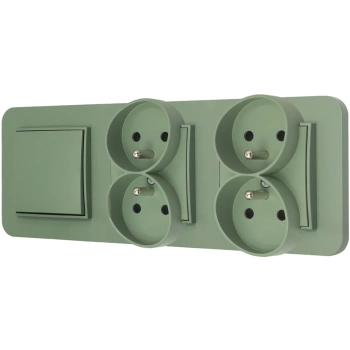 Włącznik pojedynczy i dwa gniazda podwójne z ramką zaokrągloną seria MINI kolor szałwiowy