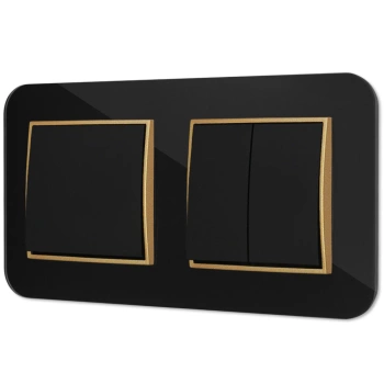Dwa włączniki pojedynczy i podwójny z ramką zaokrągloną efekt szkła seria ICON kolor czarny/złoty