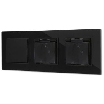 Włącznik pojedynczy i dwa gniazda hermetyczne z ramką kwadratową efekt szkła seria ICON kolor czarny