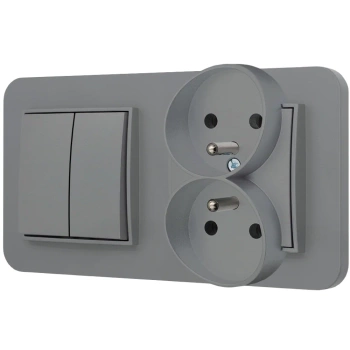 Włącznik podwójny z gniazdem podwójnym z ramką zaokrągloną seria MINI kolor szary mat