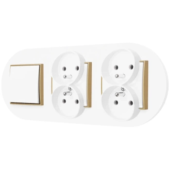 Włącznik pojedynczy i dwa gniazda podwójne z ramką okrągłą seria MINI kolor biały złoty