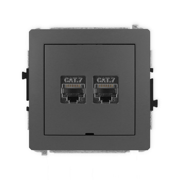 Mechanizm gniazda komputerowego podwójnego 2xRJ45, kat. 7, ekranowany, 8-stykowy, bez pola opisowego Karlik seria DECO 28DGKBO-10 kolor grafitowy mat