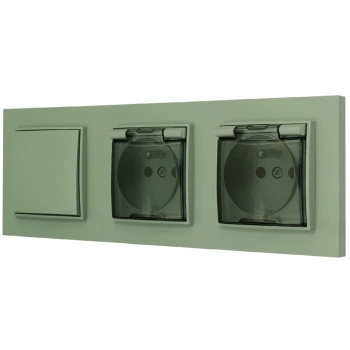 Włącznik pojedynczy i dwa gniazda hermetyczne z ramką prostą seria MINI kolor szałwiowy