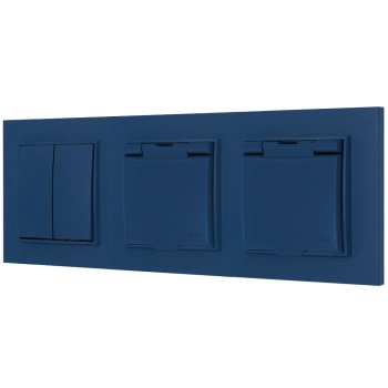 Włącznik podwójny i dwa gniazda hermetyczne z ramką kwadratową seria MINI kolor navy blue