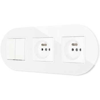 Włącznik podwójny i dwa gniazda pojedyncze z ramką okrągłą efekt szkła seria ICON kolor biały