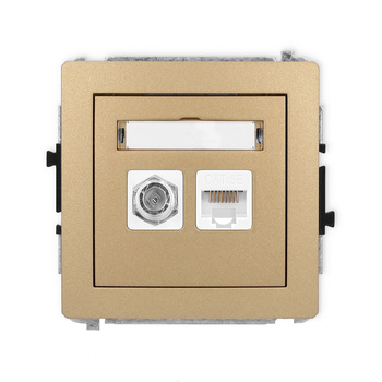 Mechanizm gniazda antenowego poj. typu F SAT + gniazda komp. poj. 1xRJ45, kat. 5e, 8-stykowy Karlik seria DECO 8DGFK-1 kolor złoty metalik