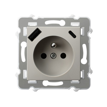 Gniazdo pojedyncze z uziemieniem z przesłonami torów prądowych z ładowarką, USB A+C seria SZAFIR kolor Kaszmirowy beż symbol GP-1ZZPUSBAC/m/83