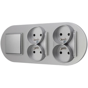Włącznik pojedynczy i dwa gniazda podwójne z ramką okrągłą seria MINI kolor srebrny