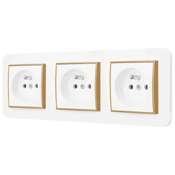 Trzy gniazda pojedyncze z ramką zaokrągloną seria MINI kolor biały mat/złoty