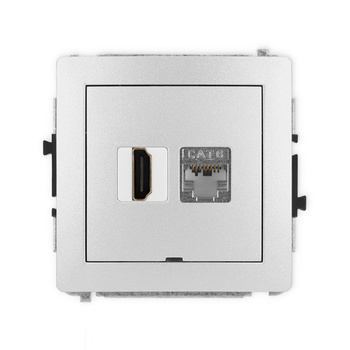 Mechanizm gniazda pojedynczego HDMI 2.0, 4K + gniazda komp. poj. 1xRJ45, kat. 6, ekranowany, 8-stykowy, bez pola opisowego Karlik seria DECO 7DGHKBO-46 kolor srebrny metalik
