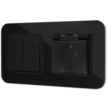 Włącznik podwójny z gniazdem hermetycznym z ramką zaokrągloną efekt szkła seria ICON kolor czarny