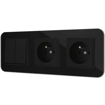 Włącznik podwójny i dwa gniazda pojedyncze z ramką zaokrągloną efekt szkła seria ICON kolor czarny