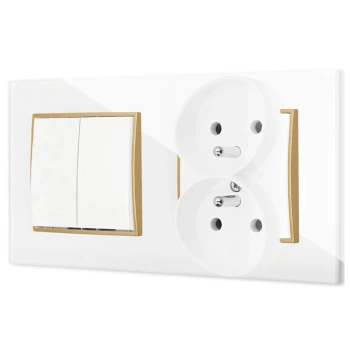 Włącznik podwójny z gniazdem podwójnym z ramką kwadratową efekt szkła seria ICON kolor biały/złoty