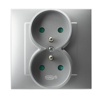 Gniazdo podwójne z uziemieniem z przesłonami torów prądowych, kompletne z ramką seria SZAFIR kolor Srebro symbol GP-2ZZP/18