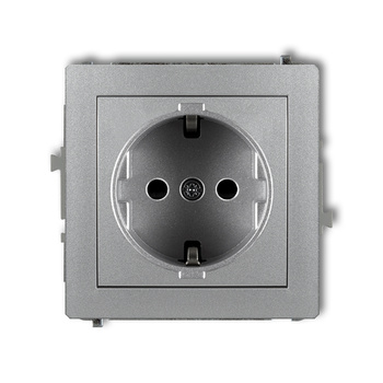 Mechanizm gniazda pojedynczego z uziemieniem SCHUKO 2P+Z z przesłonami torów Karlik seria DECO 7DGP-1sp kolor srebrny metalik