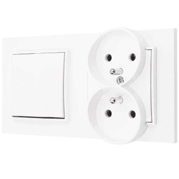 Włącznik pojedynczy z gniazdem podwójnym z ramką prostą seria MINI kolor biały mat