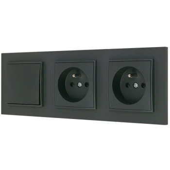 Włącznik pojedynczy i dwa gniazda pojedyncze z ramką prostą seria MINI kolor grafitowy mat