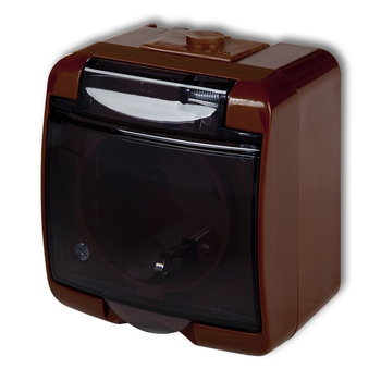 Gniazdo pojedyncze z uziemieniem SCHUKO 2P+Z klapka dymna; bez przesłon Karlik seria JUNIOR 4GHE-1sd kolor brązowy