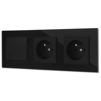 Włącznik pojedynczy i dwa gniazda pojedyncze z ramką kwadratową efekt szkła seria ICON kolor czarny