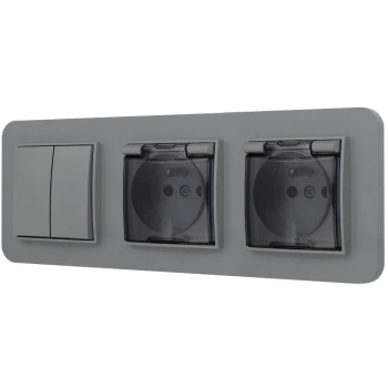 Włącznik podwójny i dwa gniazda hermetyczne z ramką zaokrągloną seria MINI kolor szary mat