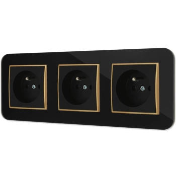 Trzy gniazda pojedyncze z ramką zaokrągloną efekt szkła seria ICON kolor czarny/złoty