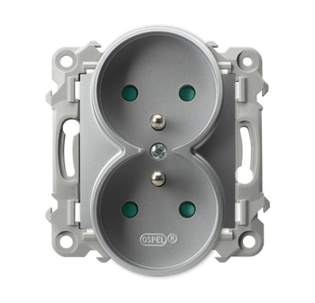 Gniazdo podwójne z uziemieniem z przesłonami torów prądowych, moduł bez ramki seria SZAFIR kolor Srebro symbol GP-2ZRZP/m/18