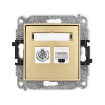 Mechanizm gniazda antenowego poj. typu F SAT + gniazda komp. poj. 1xRJ45, kat. 6, 8-stykowy Karlik seria ICON 29IGFK-3 kolor złoty