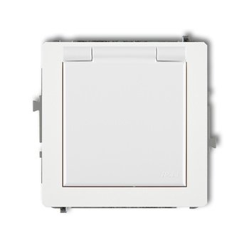 Mechanizm gniazda bryzgoszczelnego z uziemieniem SCHUKO 2P+Z klapka biała, przesłony torów prądowych Karlik seria DECO DGPB-1sp kolor biały