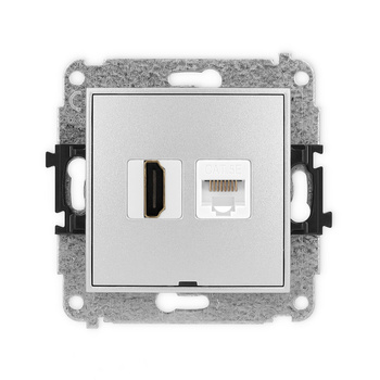 Mechanizm gniazda pojedynczego HDMI 2.0, 4K + gniazda komp. poj. 1xRJ45, kat. 5e, 8-stykowy, bez pola opisowego Karlik seria ICON 7IGHKBO-45e kolor srebrny metalik