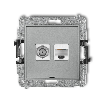 Mechanizm gniazda antenowego poj. typu F SAT + gniazda komp. poj. 1xRJ45, kat. 6, 8-stykowy, bez pola opisowego Karlik seria MINI 7MGFKBO-3 kolor srebrny metalik