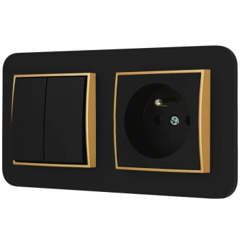 Włącznik podwójny z gniazdem pojedynczym z ramką zaokrągloną seria MINI kolor czarny złoty