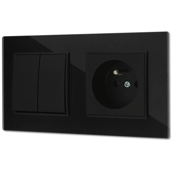 Włącznik podwójny z gniazdem pojedynczym z ramką kwadratową efekt szkła seria ICON kolor czarny