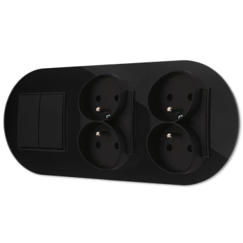 Włącznik podwójny i dwa gniazda podwójne z ramką okrągłą efekt szkła seria ICON kolor czarny