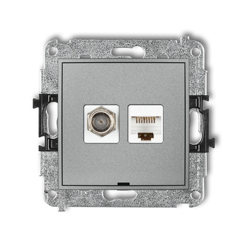 Mechanizm gniazda antenowego poj. typu F SAT + gniazda komp. poj. 1xRJ45, kat. 5e, 8-stykowy, bez pola opisowego Karlik seria MINI 7MGFKBO-1 kolor srebrny metalik