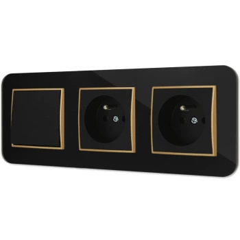 Włącznik pojedynczy i dwa gniazda pojedyncze z ramką zaokrągloną efekt szkła seria ICON kolor czarny/złoty