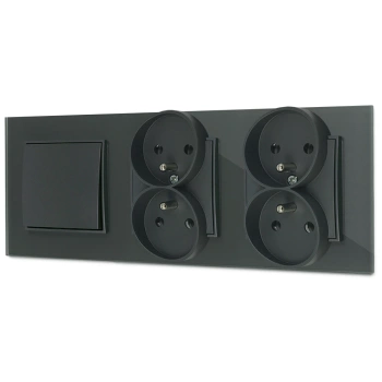 Włącznik pojedynczy i dwa gniazda podwójne z ramką kwadratową efekt szkła seria ICON kolor grafitowy mat