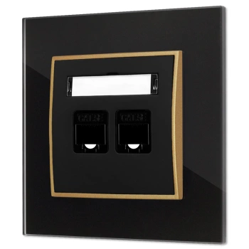 Gniazdo internetowe rj45 2x z ramką kwadratową efekt szkła seria ICON kolor czarny/złoty
