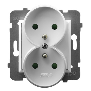 Gniazdo podwójne z uziemieniem z przesłonami torów prądowych, moduł bez ramki seria ARIA kolor Biały symbol GP-2URZP/m/00