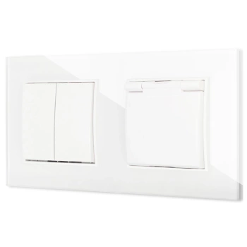 Włącznik podwójny z gniazdem hermetycznym z ramką kwadratową efekt szkła seria ICON kolor biały