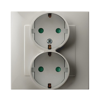 Gniazdo podwójne z uziemieniem schuko z przesłonami torów prądowych, kompletne z ramką seria SZAFIR kolor Kaszmirowy beż symbol GP-2ZSP/83