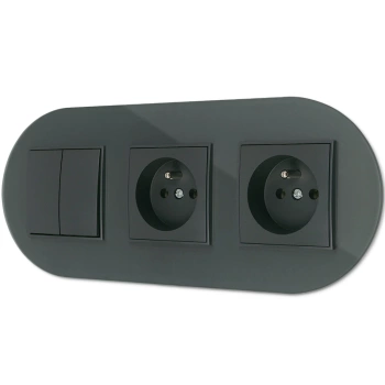 Włącznik podwójny i dwa gniazda pojedyncze z ramką okrągłą efekt szkła seria ICON kolor grafitowy mat