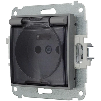Mechanizm gniazda bryzgoszczelnego z uziemieniem 2P+Z klapka dymna, przesłony torów prądowych Karlik seria MINI 27MGPB-1zdp kolor szary mat